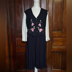 Vintage Allison-Che Navy Blue Floral Vest White Blouse Midi Dress Size 16